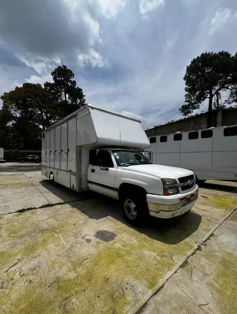 White pickup truck with custom cargo box trailer parked in a lot with trees and buildings in background