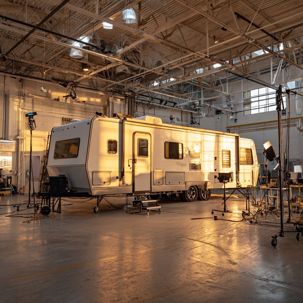 White travel trailer illuminated inside a warehouse studio with professional lighting equipment and film crew